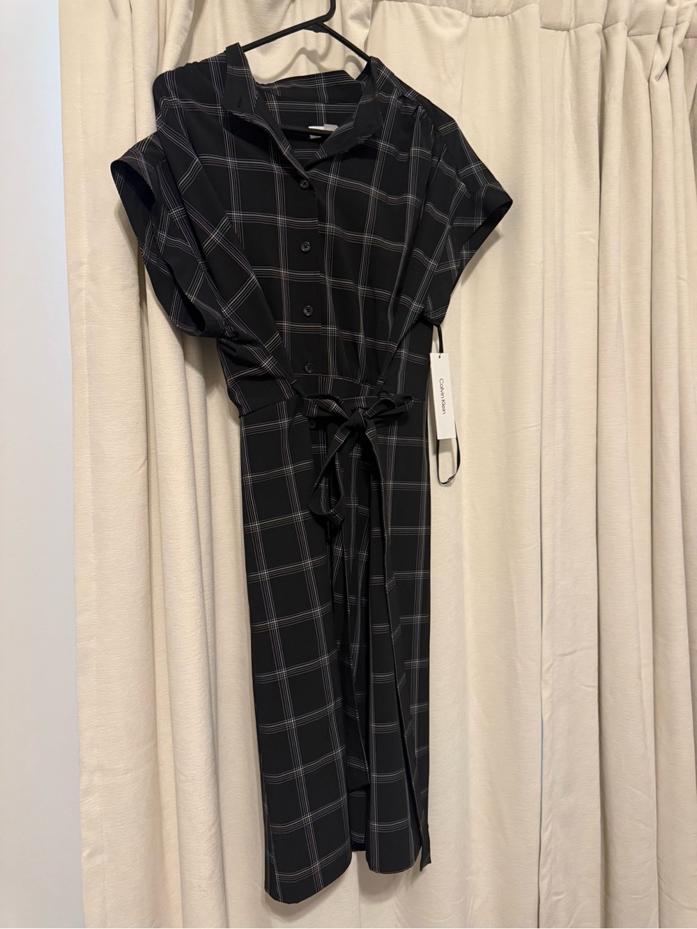 Calvin Klein Black Windowpane Button-Front Jumpsuit with Tie Waist